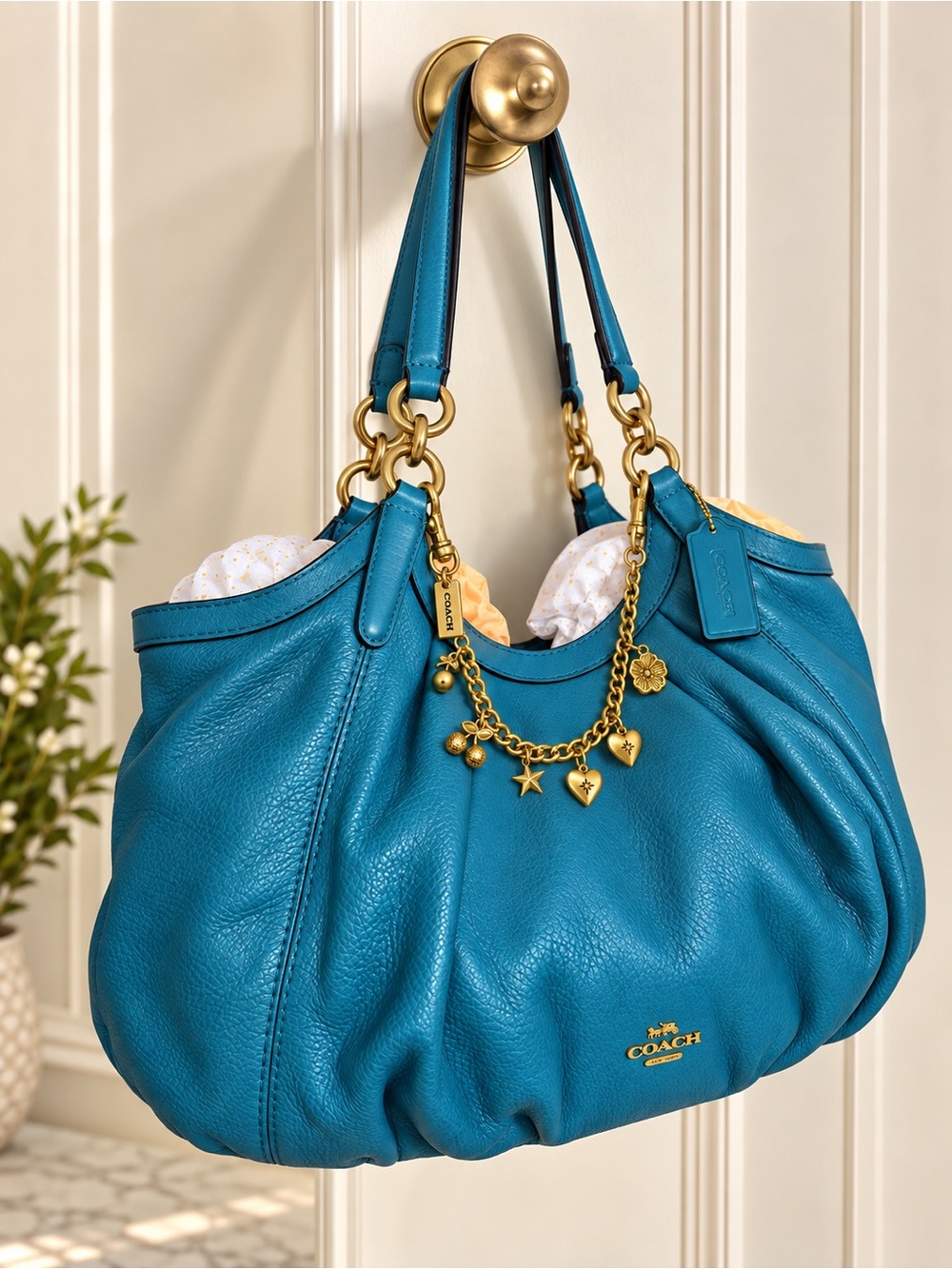 Coach Lily F12155 Teal Pebble Leather Bag + Authentic Coach Gold Charm Chain
